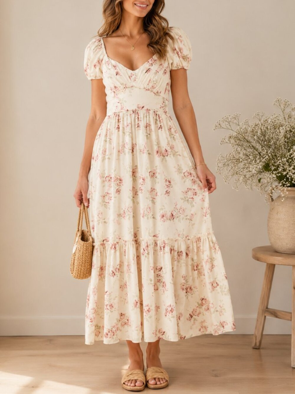 LoveShackFancy Angie Puff Sleeve Cream Floral Maxi Dress Size 2